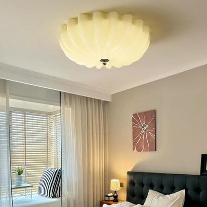 LED Flush Mount Vintage Yellow Glass Hallway Ceiling Lamp - Mid Century Overhead Light with Ribbed Glass Shade - Farmhouse Ceiling Light for Nursery, Kids Room, Bedroom, Bathroom