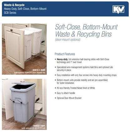 Knape & Vogt SCB9-1-20PT 8.375 inch x 20.125 inch x 17.313 inch 20 Qt. in-Cabinet Single Soft-Close Bottom-Mount Pull-Out Trash Can, Platinum