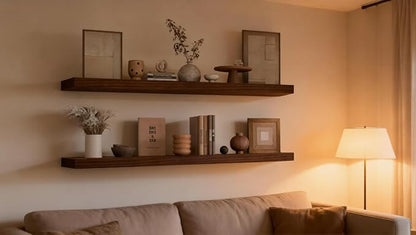 Floating Shelves for Wall, 36x12 Inch Solid Wood Wall Shelves, Extra Long Heavy Duty Wall Mount Shelf for Kitchen & Living Room, Rustic Walnut Floating Shelves, Set of 2