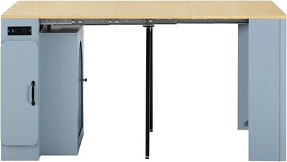 Extendable Dining Table with 3 Removable Middle Leaves, Mobile Rolling Island Table with Power Outlet with Storage for Dining Room and Living Room (Grey-Blue+Natural)