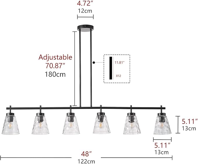 Aiwen 6-Light Kitchen Island Lighting, Modern 48 inch Black Island Chandelier with Glass Shade, Industrial Linear Pendant Lighting Over Table, Pendant Light Fixture for Dining Room