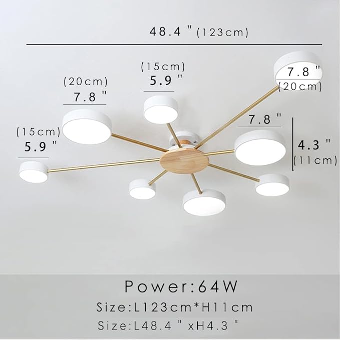 8-Lights LED Dimmable Ceiling Light Fixture,48 Inch Modern Ceiling Lights Flush Mount Wooden 64W Chandelier for Living Room Bedroom Kitchen,3000K/4000K/6000K White