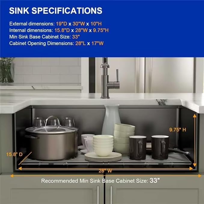 Dcolora 30 Inch Undermount Sink Black Stainless Steel Kitchen Sink Undermount Workstation Gunmetal Black Stainless Steel 16 Gauge Single Bowl Kitchen Sink Basin (30"x19"x10"), DC-U7708