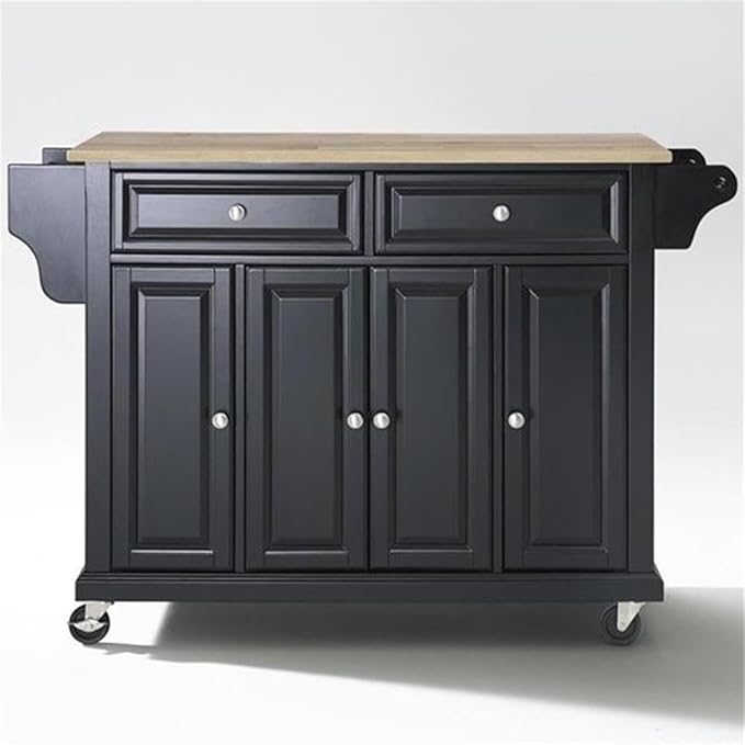 Crosley Furniture Full Size Wood Top Rolling Kitchen Island Storage Cart, Microwave Stand, Spice Rack, Black