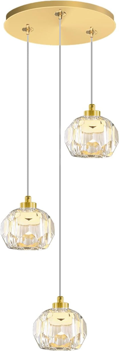 3-Light Dimmable LED Gold Pendant Light,Crystal Ball Chandelier for Dining Room Bedroom Pendant Light Kitchen Island 15W