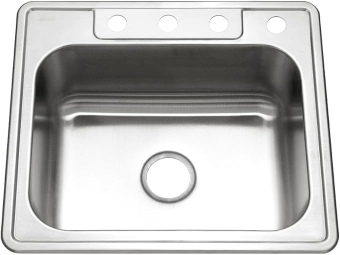 Houzer Glowtone 25 Inch Stainless Steel Topmount 4-Hole Single Bowl 8 Inch Deep Kitchen Sink - 2522-8BS4-1
