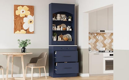 Modern 83.7inch High Kitchen Pantry Freestanding Tall Hutch with Faux Marble Top Display Cupboard with 5 Storage Drawers Practical(Blue)
