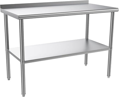 ROVSUN 48'' x 24'' Stainless Steel Table for Prep & Work,Commercial Worktables & Workstations, NSF Heavy Dut Metal Table with Adjustable UnderShelf & Backsplash for Kitchen,Restaurant,Home,Hotel