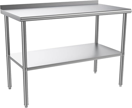 ROVSUN 48'' x 24'' Stainless Steel Table for Prep & Work,Commercial Worktables & Workstations, NSF Heavy Dut Metal Table with Adjustable UnderShelf & Backsplash for Kitchen,Restaurant,Home,Hotel