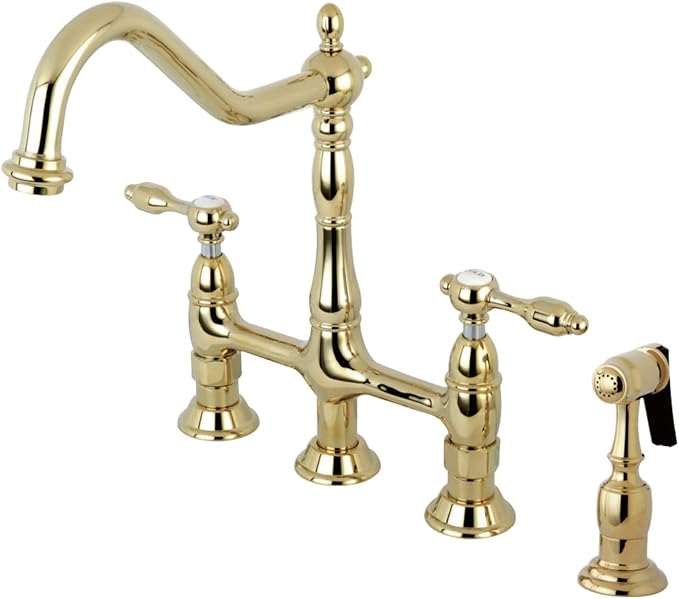 Kingston Brass KS1272TALBS Two-Handle 4-Hole Deck Mount Bridge Kitchen Faucet with Brass Sprayer in Polished Brass