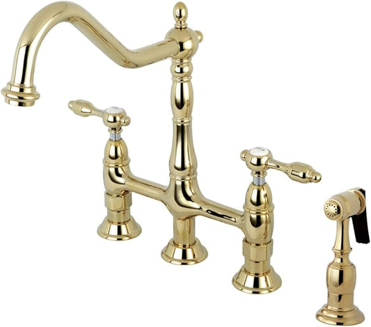 Kingston Brass KS1272TALBS Two-Handle 4-Hole Deck Mount Bridge Kitchen Faucet with Brass Sprayer in Polished Brass