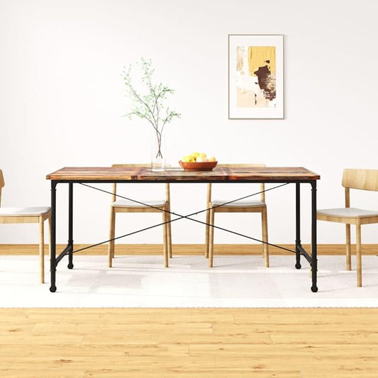 Multicolor Rectangular Dining Table 70.9 in Long Solid Reclaimed Wood Top with Powder-Coated Steel Legs on Wheels Seats 6 Modern Rustic for Kitchen, Dining Room or Loft