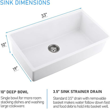 33 Inch White Undermount Kitchen Sink, 33x19 Inch Granite Composite Kitchen Sink Undermount Quartz Single Bowl Dual Mount Deep Basin with Countertop Squeegee Brush Combo