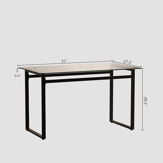 Goujxcy Glass Dining Table Modern 51'' Rectangle Kitchen Table for 4 with Tempered Glass Tabletop and Metal Legs for Kitchen, Dining Room, Restaurants (Black)