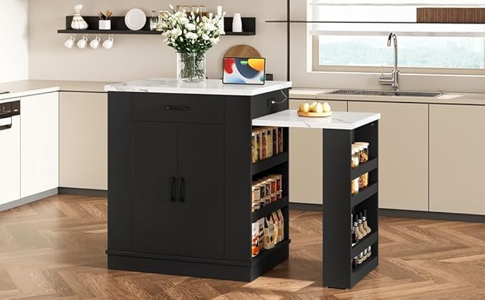 Kitchen Island Console with Storage, White and Natural Wood Top, Extendable Dining Table with Drawers and Shelves, 80.7 x 33.4 x 35.3 Inches (Black)