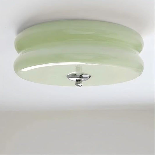 Bofea- French Retro Semi Flush Ceiling Light, Mint Green Glass LED Round Ceiling Lamp, Nordic Minimalism Flush Green Glass Light for Bedroom Corridor&Dining Room