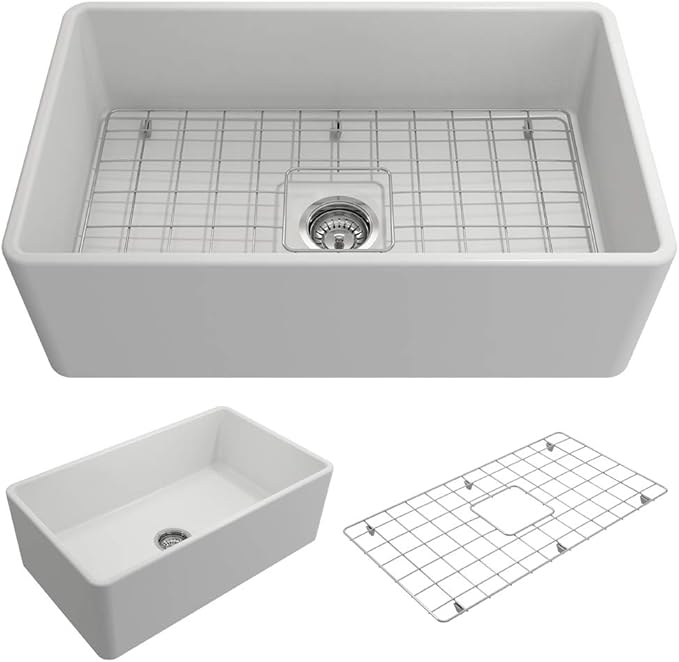 BOCCHI Classico Farmhouse Apron Front Fireclay 30 in. Single Bowl Kitchen Sink with Protective Bottom Grid and Strainer in Matte White