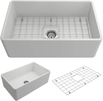BOCCHI Classico Farmhouse Apron Front Fireclay 30 in. Single Bowl Kitchen Sink with Protective Bottom Grid and Strainer in Matte White
