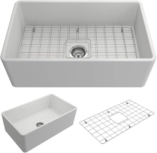 BOCCHI Classico Farmhouse Apron Front Fireclay 30 in. Single Bowl Kitchen Sink with Protective Bottom Grid and Strainer in Matte White