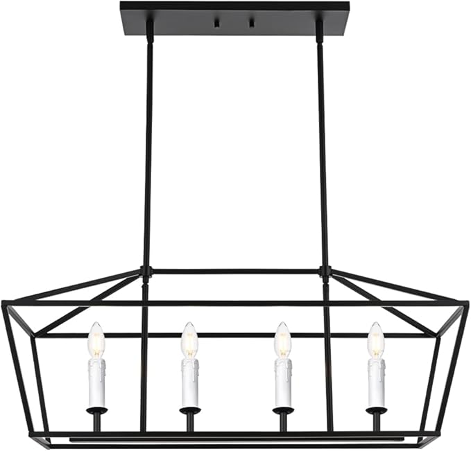 BONLICHT Modern Linear Chandelier Black 4 Light Industrial Kitchen Island Pendant Light Fixtures Ceiling Hanging with Metal Cage Shade, White Farmhouse Chandelier Dining Room Lighting Over Table