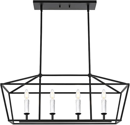BONLICHT Modern Linear Chandelier Black 4 Light Industrial Kitchen Island Pendant Light Fixtures Ceiling Hanging with Metal Cage Shade, White Farmhouse Chandelier Dining Room Lighting Over Table