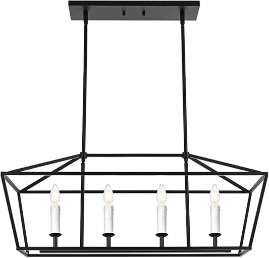 BONLICHT Modern Linear Chandelier Black 4 Light Industrial Kitchen Island Pendant Light Fixtures Ceiling Hanging with Metal Cage Shade, White Farmhouse Chandelier Dining Room Lighting Over Table