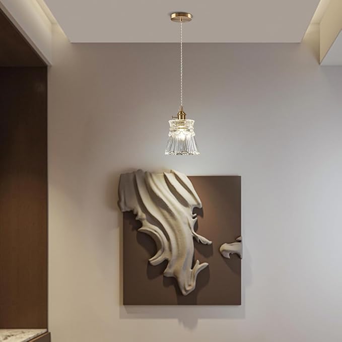 Glass Pendant Light 5.7 Inch Mini Vintage Brass Pendant Lights Fixture with Switch Farmhouse Hanging lamp for Kitchen Island Dining Room Hallway Bedroom Bar Restaurants Foyer E26 Gold 1-Light