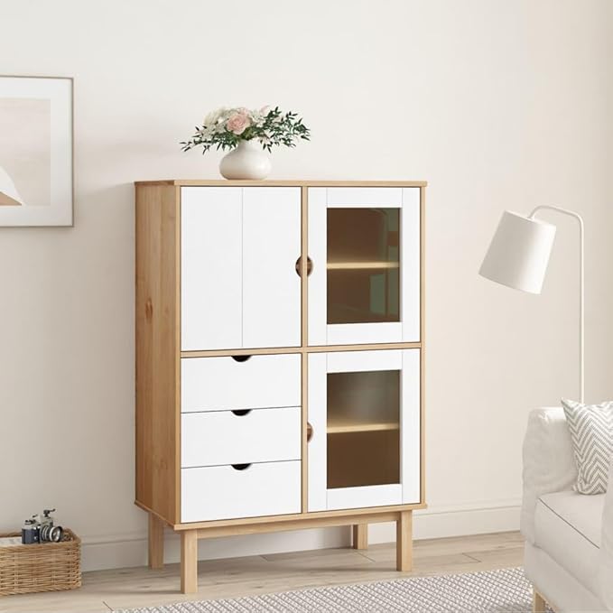 Solid Pine Wood Highboard, Brown and White Buffet Cabinet with Drawers, 33.5 x 16.9 x 49.2 Inch Tall Storage Cabinet for Living Room, Rustic Furniture Kitchen Furnitur