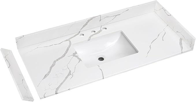 48 in.W x 22 in.D Quartz Calacatta River Vanity Top,with Undermount Single Middle Sink Vanity Top,with Two Sidesplash & One Backsplash,8 Inch Faucet Hole Spread Bathroom Vanity Sink Countertop
