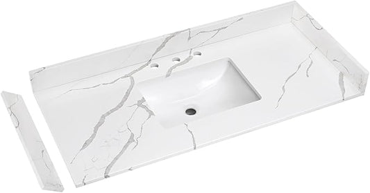 48 in.W x 22 in.D Quartz Calacatta River Vanity Top,with Undermount Single Middle Sink Vanity Top,with Two Sidesplash & One Backsplash,8 Inch Faucet Hole Spread Bathroom Vanity Sink Countertop