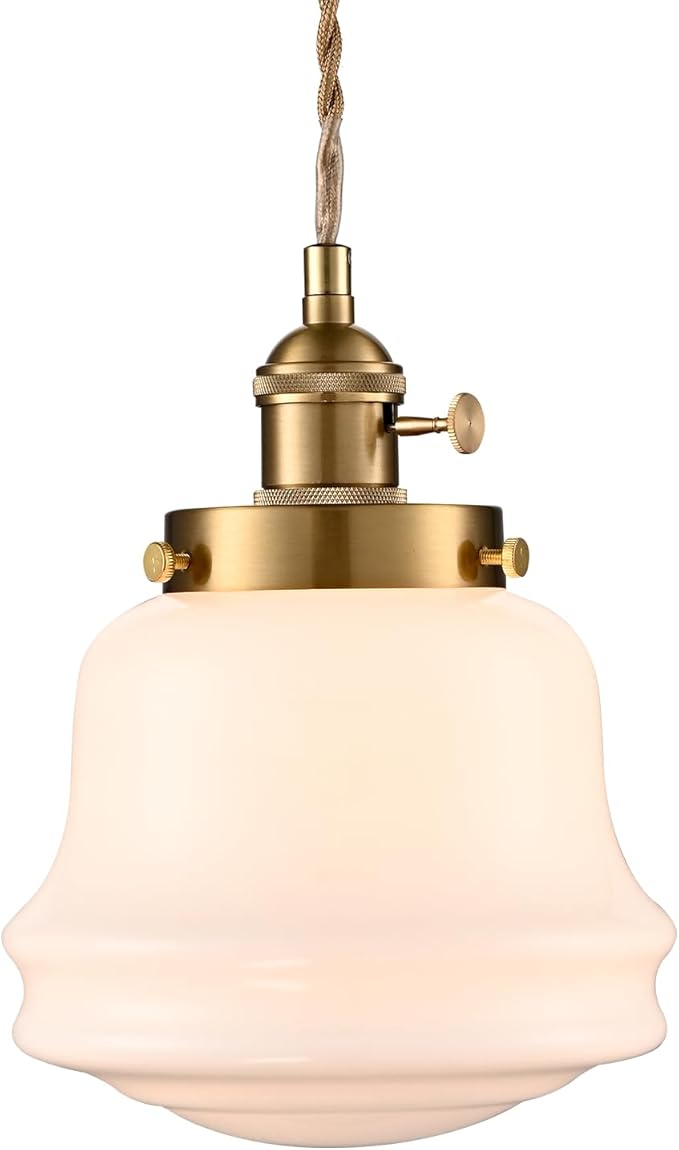 Industrial Milk Glass Pendant Light Fixture, Vintage Brass Adjustable Schoolhouse Hanging Light, Retro Mid Century Pendant Lighting for Kitchen Island Hallway Schoolhouse Dining Room Bedroom