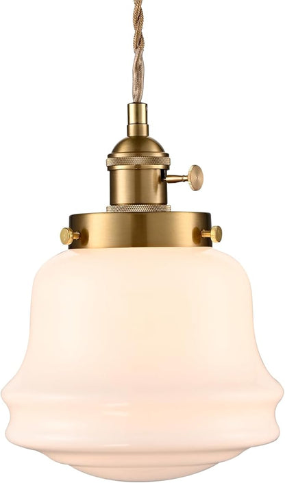 Industrial Milk Glass Pendant Light Fixture, Vintage Brass Adjustable Schoolhouse Hanging Light, Retro Mid Century Pendant Lighting for Kitchen Island Hallway Schoolhouse Dining Room Bedroom
