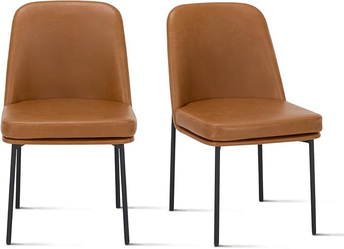 COLAMY Modern Dining Chairs Set of 2, Faux Leather Upholstered Dining Room Chairs Dinner Chair Kitchen Chairs with Curved Back and Metal Legs, Brown