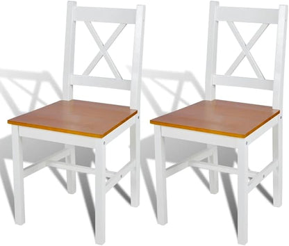 Dining Chairs Set of 2 White and Natural Wood Solid Pine Wood Ergonomic Design Compact Size for Kitchen Dining Room Farmhouse Style