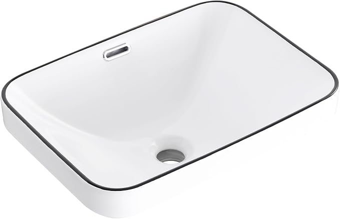 Bathroom Vessel Sink 18.2'' x 13.3'' Small Semi Recessed Bathroom Sink Rectangular Drop In Sink with Overflow White with Black Trim Ceramic Modern Vessel Sinks for Bathroom
