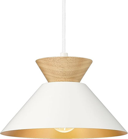 ELYONA Modern Pendant Light Fixtures 10" Solid Wood Hanging Lamp Nordic White Metal & Gold Inner Finish Boho Pendant Light for Farmhouse Kitchen Island Dining Room Bedroom Living Room Hallway