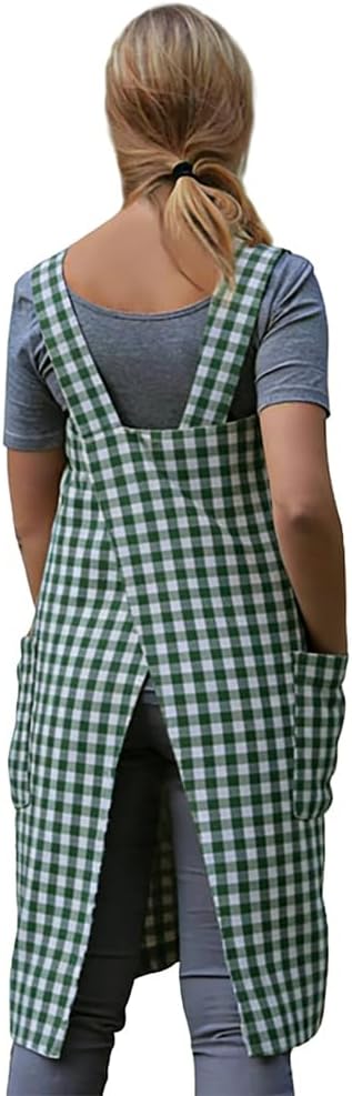 Larmliss Women's Pinafore Square Apron Baking Cooking Gardening Works Cross Back Cotton/Linen Blend Dress with 2 Pockets