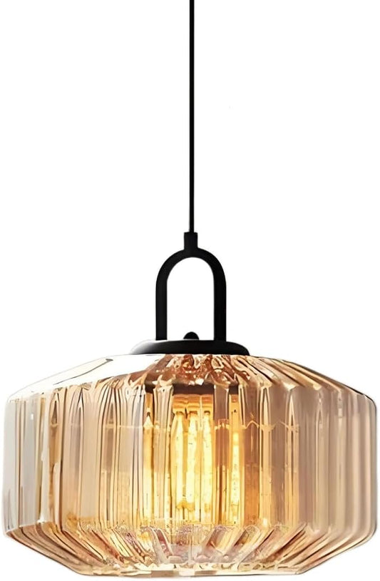 11-Inch Vintage Industrial Ribbed Glass Pendant Light Adjustable Height E26 Hanging Light for Kitchen Island Dining Room Bedroom Living Room Bar (Amber)