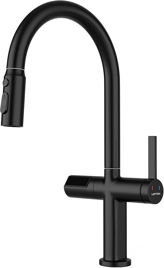 Lefton Touchless Pull-Out Kitchen Faucet, Hands Free Motion Sensor Activated, Battery-Free Temperature Display, KF2206 (Contemporary, Matte Black)