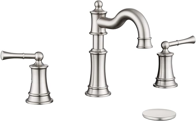 Roman Bathroom-Sink-Faucet 3 Holes, Rotated Spout Vanity Basin Faucets 2 Handles 8 inches Widespread Deck Mount Brass Faucet for Sink with Overflow Pop Up Drain Brushed Nickel NL2204-BN