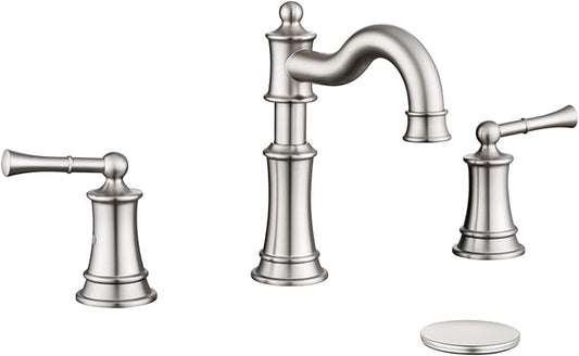 Roman Bathroom-Sink-Faucet 3 Holes, Rotated Spout Vanity Basin Faucets 2 Handles 8 inches Widespread Deck Mount Brass Faucet for Sink with Overflow Pop Up Drain Brushed Nickel NL2204-BN