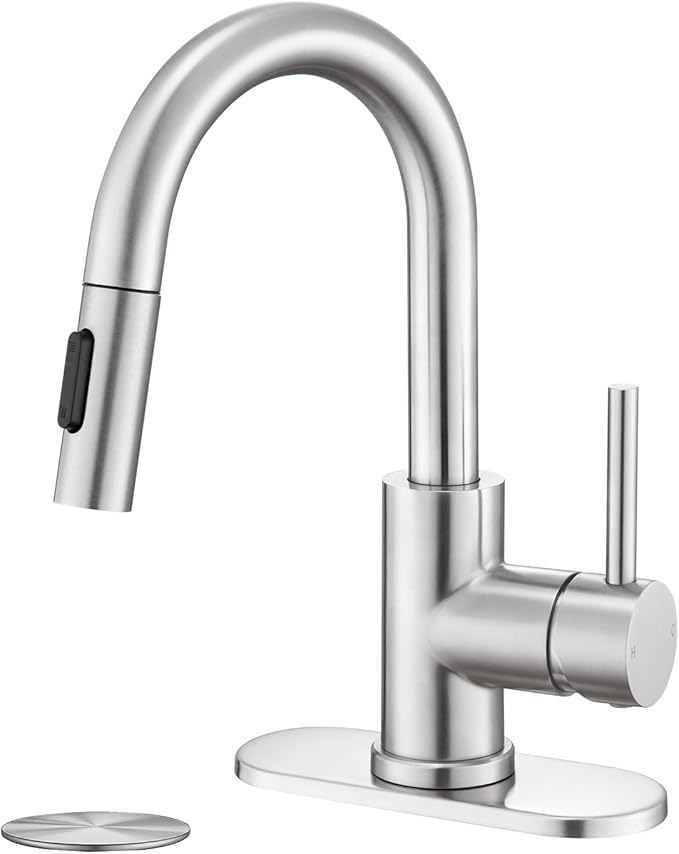 Bathroom Faucet with Pull Down Sprayer, Sink faucets Pull Out Faucet with Pop-Up Drain, 1 or 3 Hole Laundry Bar Basin Faucet with Deck Plate,Brushed Nickel
