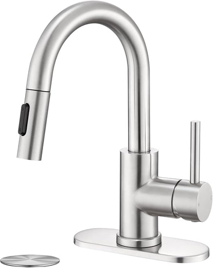 Bathroom Faucet with Pull Down Sprayer, Sink faucets Pull Out Faucet with Pop-Up Drain, 1 or 3 Hole Laundry Bar Basin Faucet with Deck Plate,Brushed Nickel