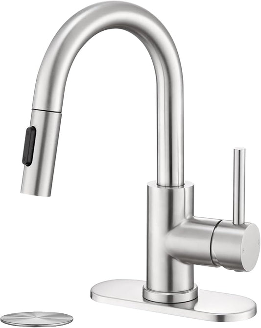 Bathroom Faucet with Pull Down Sprayer, Sink faucets Pull Out Faucet with Pop-Up Drain, 1 or 3 Hole Laundry Bar Basin Faucet with Deck Plate,Brushed Nickel