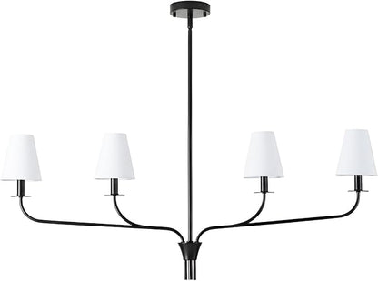 Modern 42" Linear Chandelier for Kitchen Island & Dining Room - 4-Light Black Finish with White Fabric Shades, Adjustable Hanging Pendant Light Fixture, E12