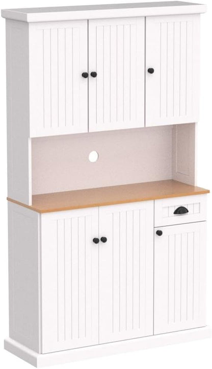 RASOO Kitchen Pantry Cabinet White 71" Freestanding Sideboard Storage Cabinet Furniture Microwave Cabinet with 6 Doors and 1 Drawer