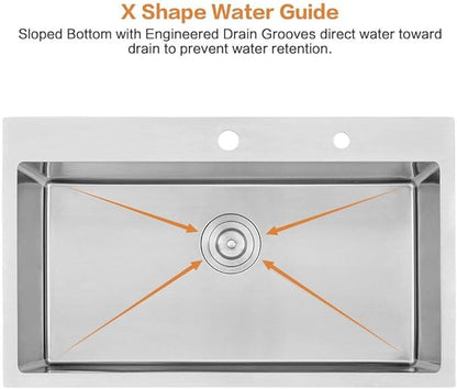33 Inch Drop In Kitchen Sink-Bokaiya 33x22 Stainless Steel Kitchen Sink Drop In Top Mount 16 Gauge Deep Single Bowl Kitchen Sinks with Dish Grid&Strainer