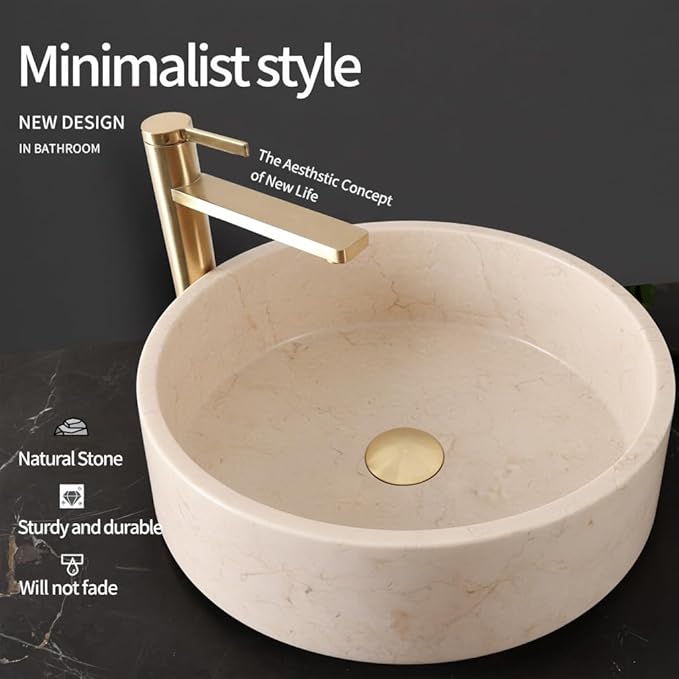 Natural Cream Stone Round Bathroom Vessel Sink,16 inch Beige Marble Bathroom Sink, Vanity Bowl Basin