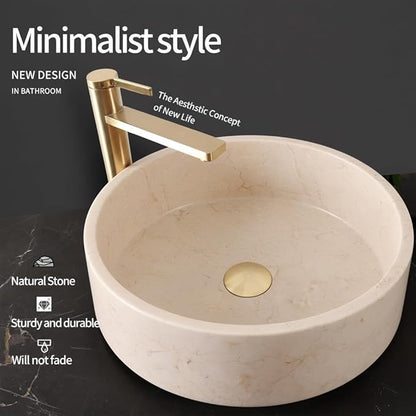 Natural Cream Stone Round Bathroom Vessel Sink,16 inch Beige Marble Bathroom Sink, Vanity Bowl Basin