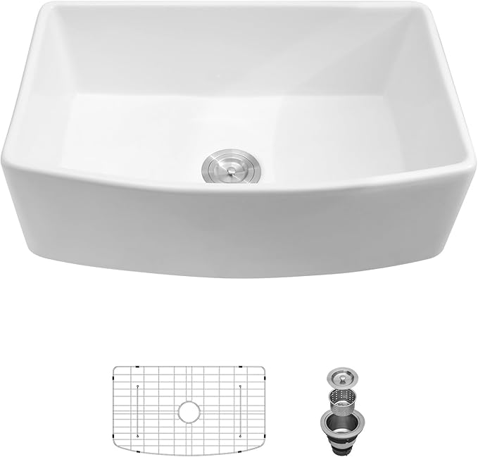 Sarlai 30 White Farmhouse Sink - 30 Inch Kitchen Sink Arch Edge Curved Apron Front Ceramic Porcelain Fireclay Single Bowl Farmer Sinks